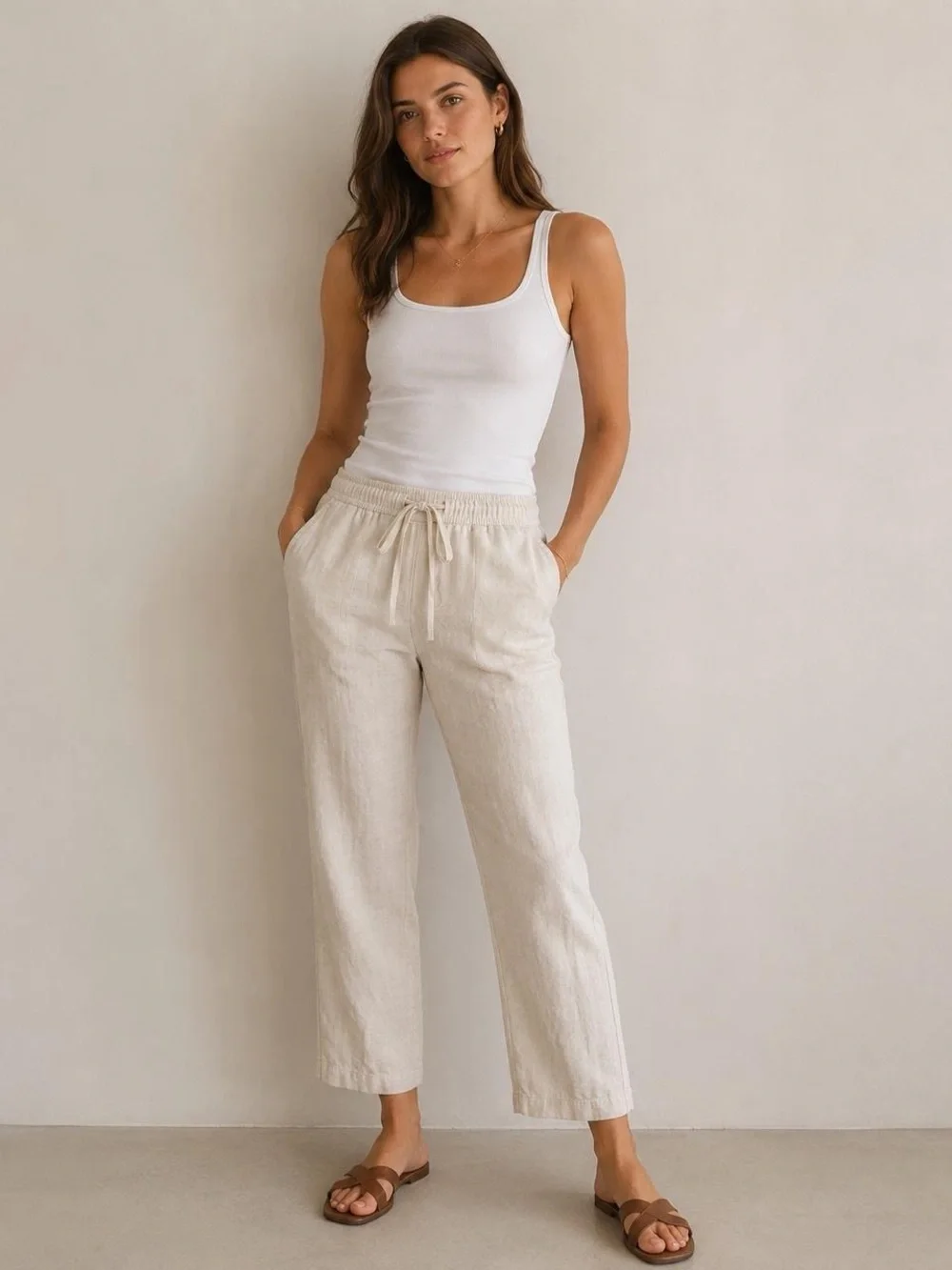 Zara Cream Drawstring Linen-Blend Pants Medium